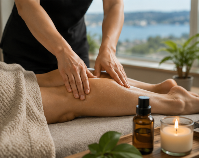 Spa therapist massaging a client’s leg beside an amber oil bottle and lit candle by a window