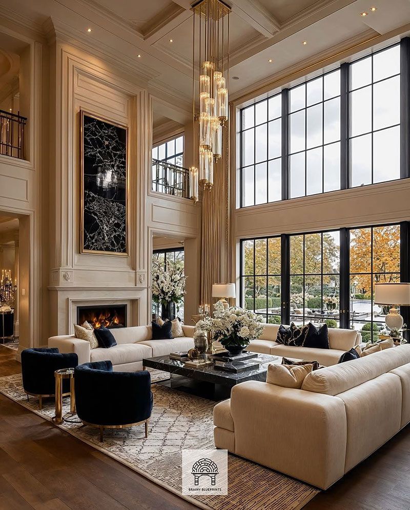 Luxurious living room with tall windows, marble fireplace, cream sofas, and a modern chandelier