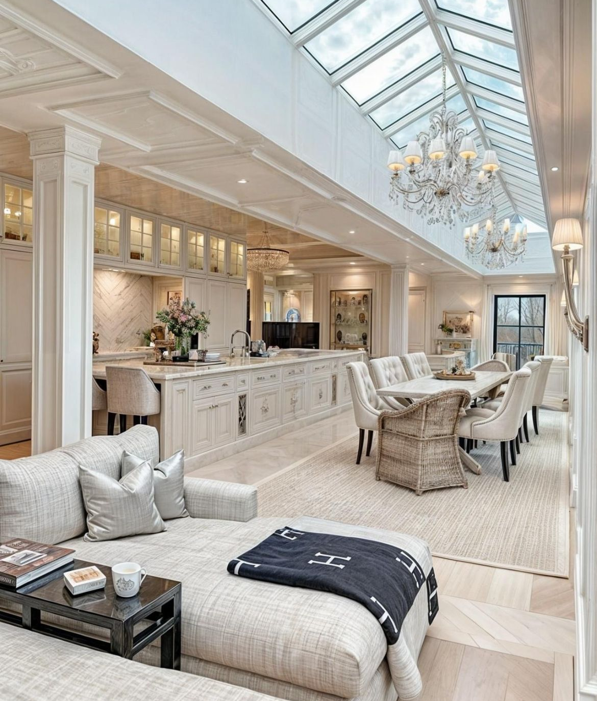 Bright elegant living room with skylight, white furniture, crystal chandelier, and a long dining island