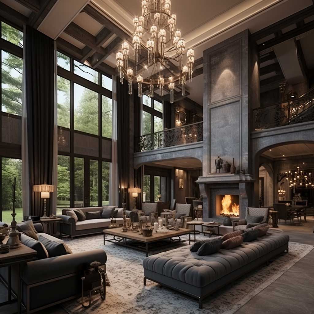 Grand living room with tall windows, chandelier, fireplace, and dark sofas around a central coffee table