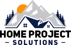 Logo for Home Project Solutions featuring a dark blue house outline in front of gray mountains, pine trees, and a sun.