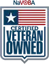 NaVOBA Certified Veteran Owned business badge featuring a stylized American flag and text in a shield shape.