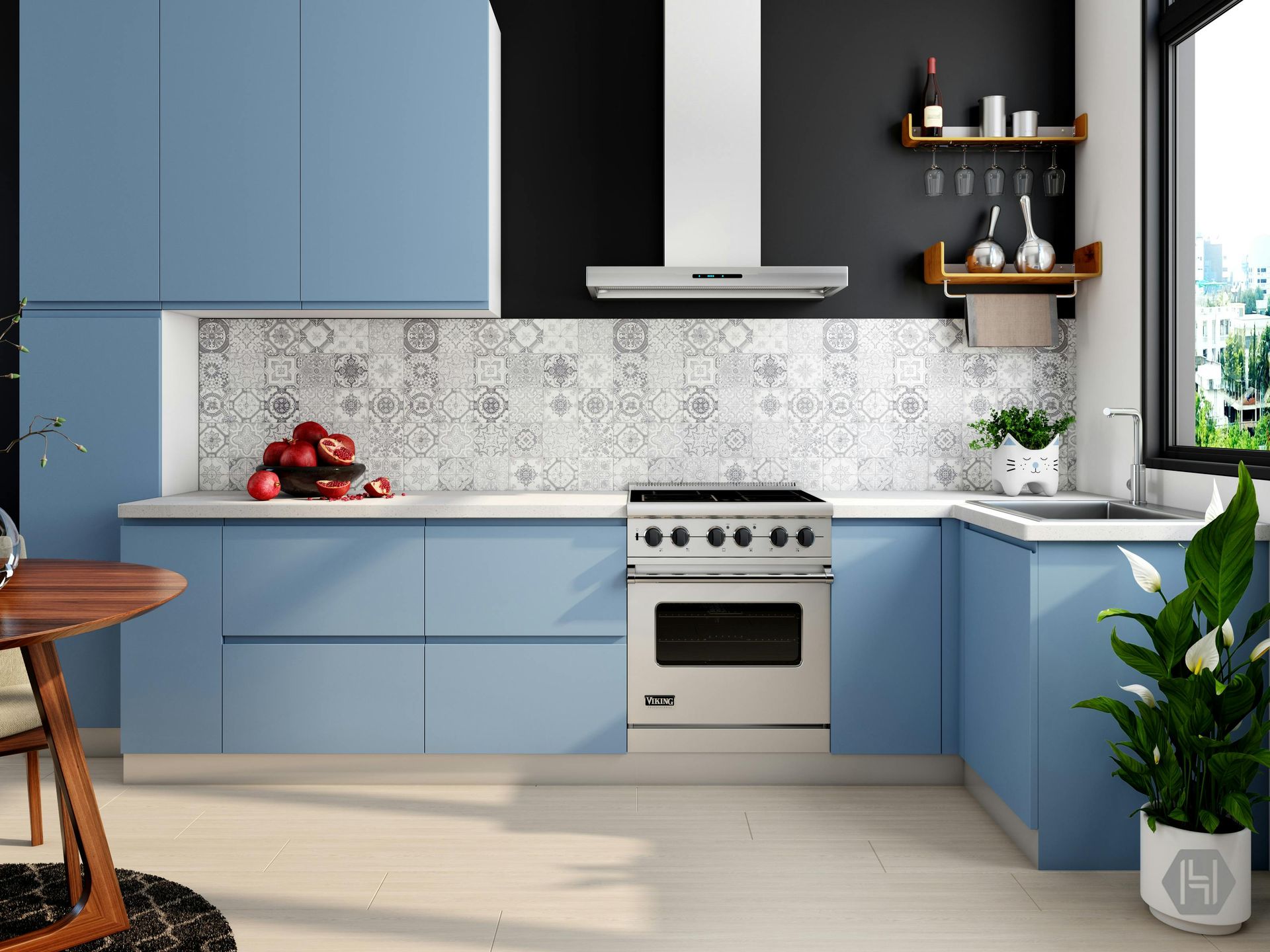 Modern kitchen with blue cabinets, white countertops, patterned backsplash, a stainless steel stove, and a wall plant.
