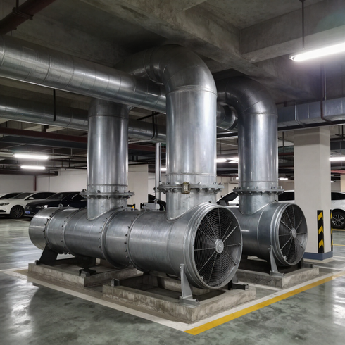 Grandes ventiladores industriales y conductos plateados en un estacionamiento subterráneo.