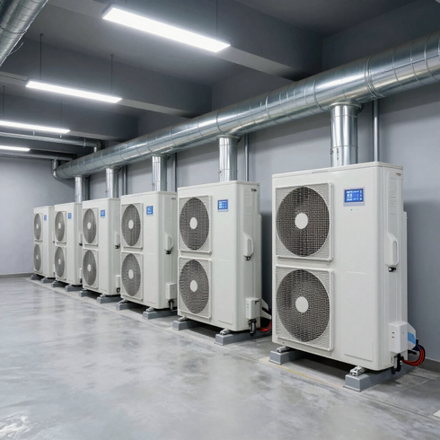 Fila de grandes unidades condensadoras exteriores de climatización en una sala de máquinas industrial limpia.