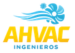 Logotipo de AHVAC Ingenieros con s&iacute;mbolo abstracto de ventilador azul y texto amarillo-azul sobre fondo blanco.