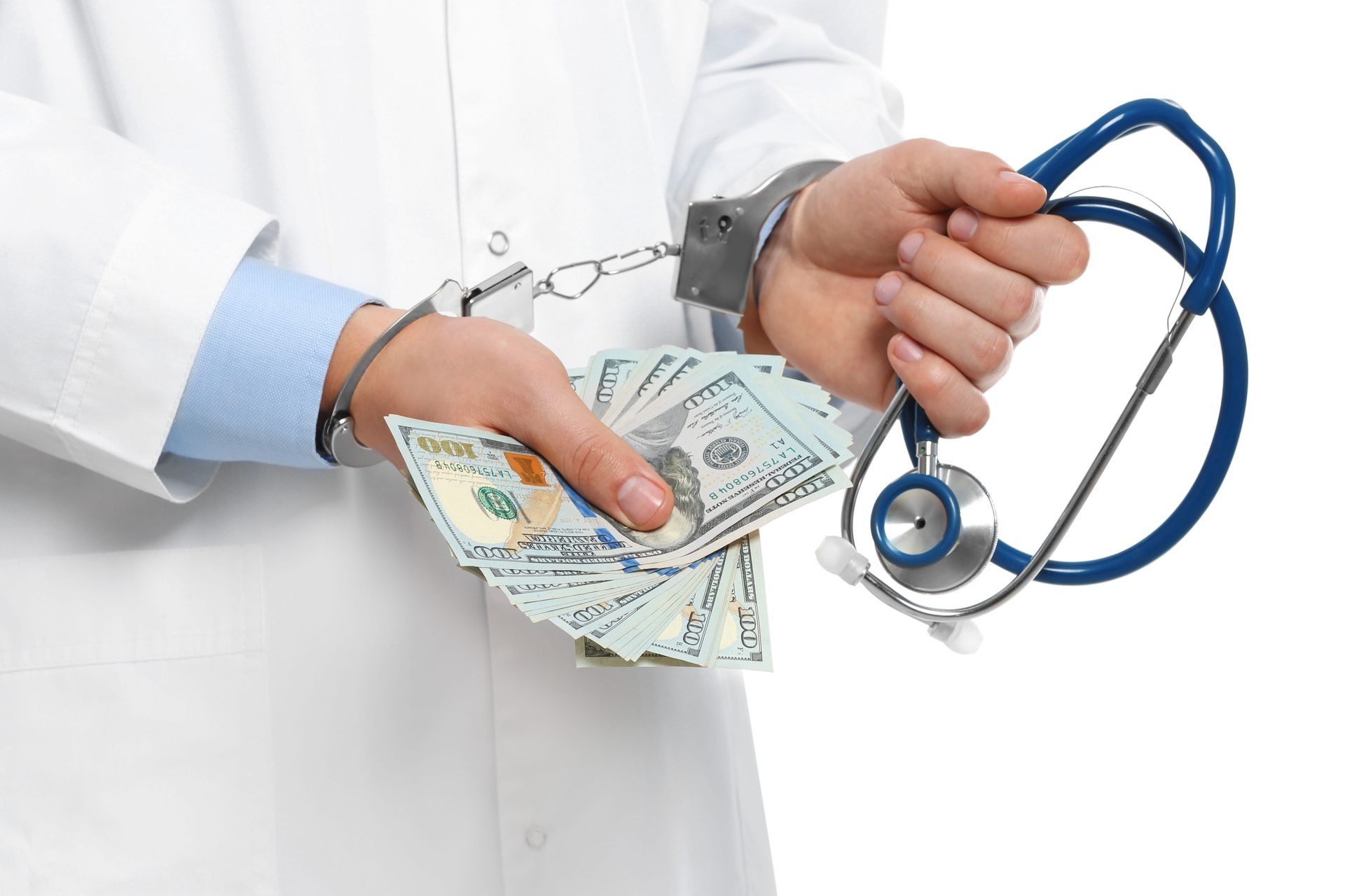 Doctor in white coat handcuffed with cash and a stethoscope, suggesting medical corruption