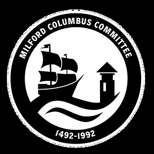 Milford Columbus Committee logo with black ship and lighthouse, marked 1492–1992