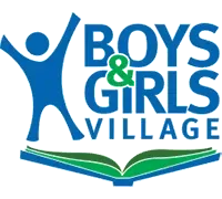 Blue silhouette of person with arms raised, Boys & Girls Village logo. Open book at the bottom.