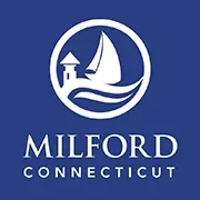 Milford, Connecticut logo. White sailboat and tower within a blue circle, with text: