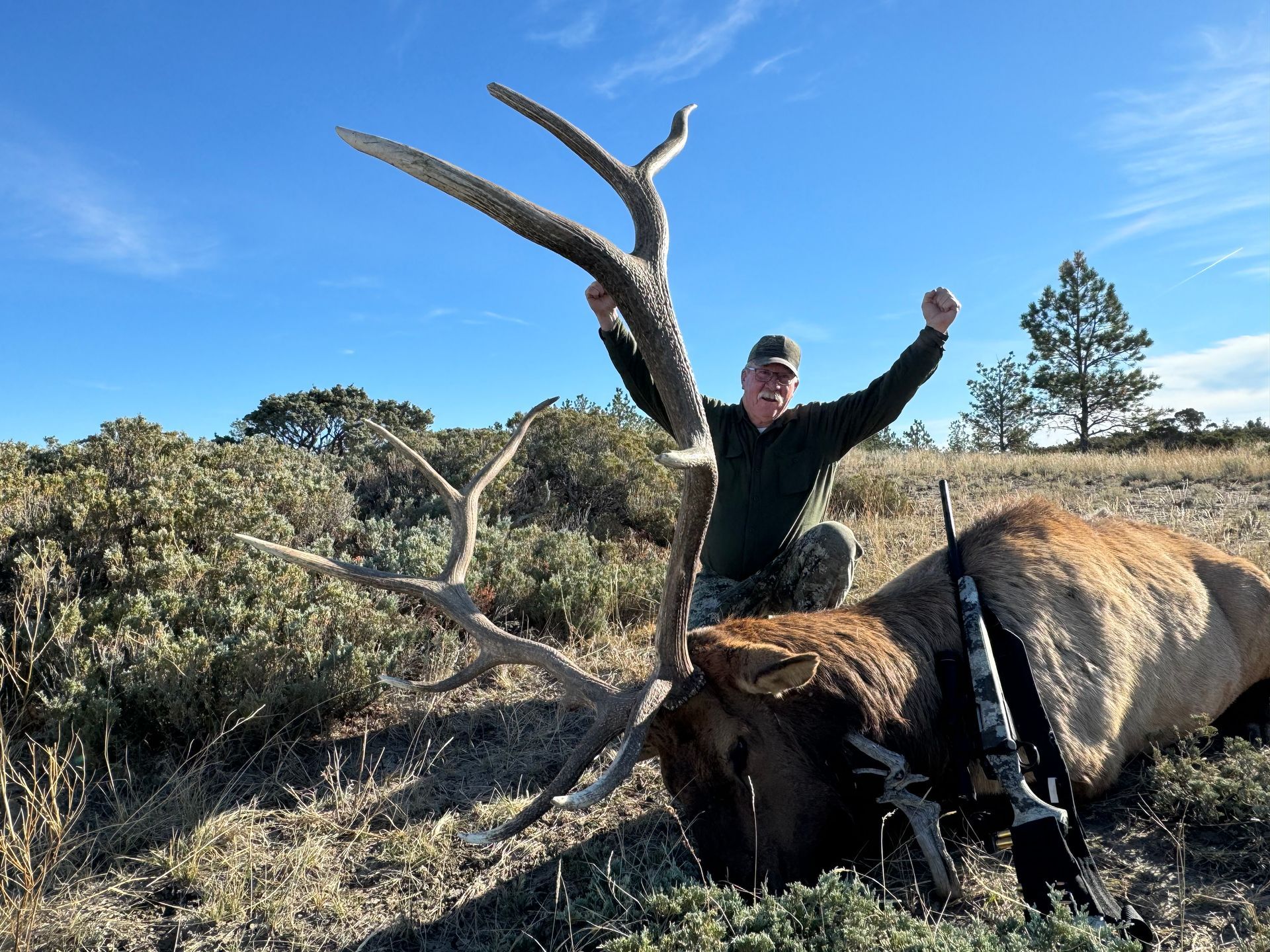 Man posing with deer in a forest