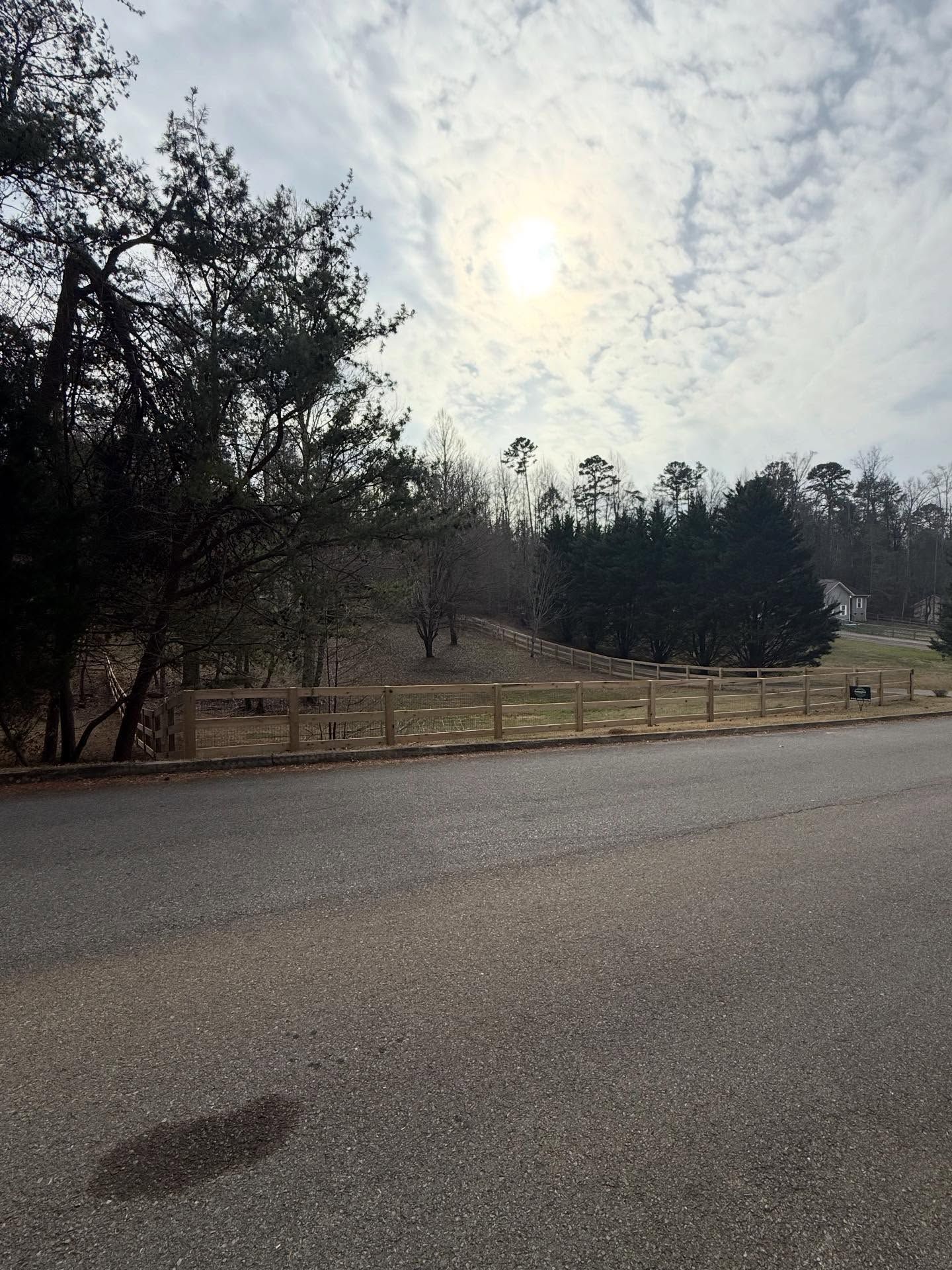 Quiet roadside with leafless trees, fenced field, and cloudy sky with the sun behind thin clouds