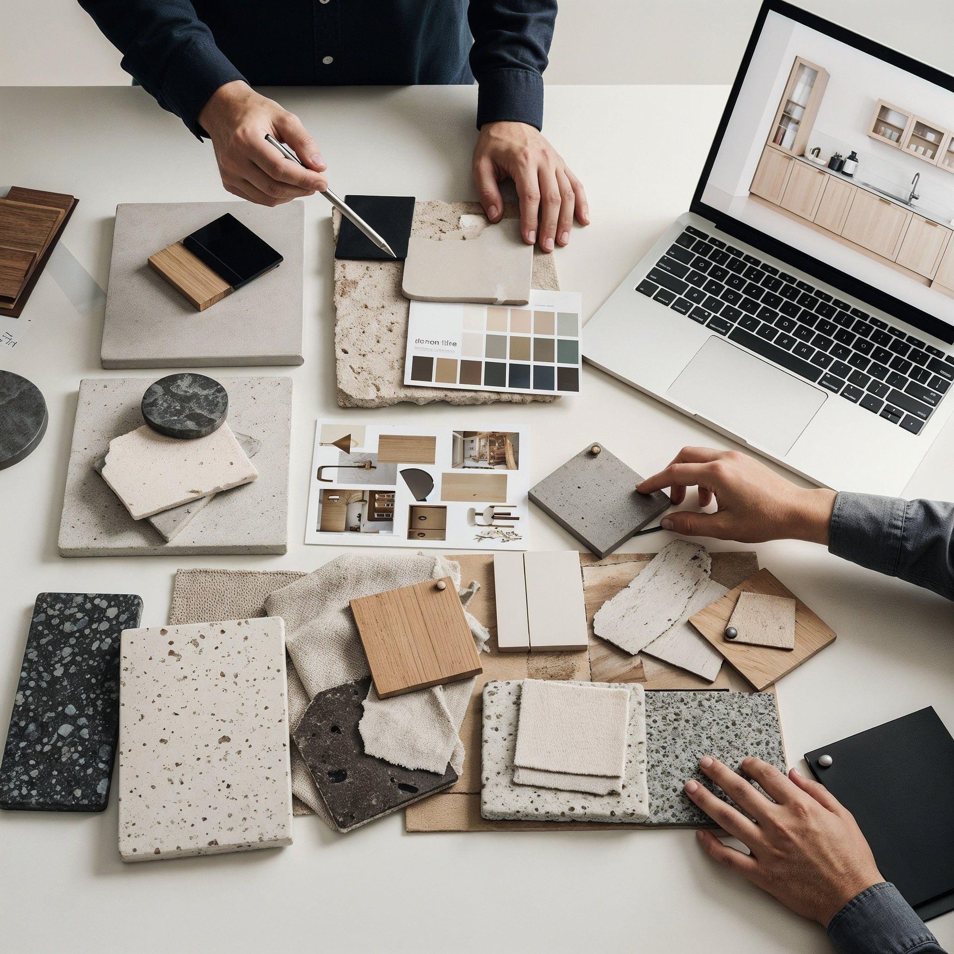 Handen selecteren vloer- en tegelmonsters rond een laptop op een witte designtafel.
