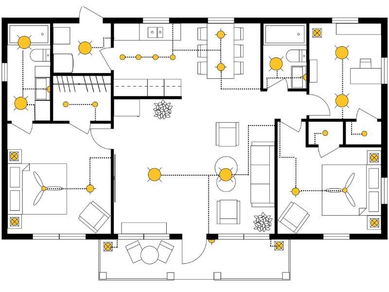 Zwart-wit plattegrond van een huis met meubels en kamerindeling aangegeven met gele symbolen.