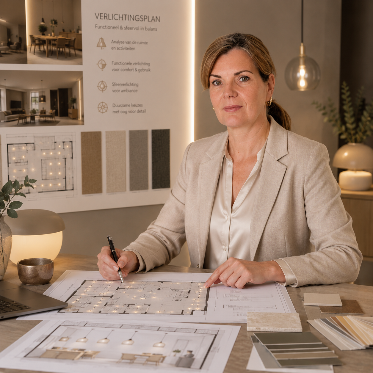 Draadmodelschetsen met de hand getekend in een notitieboekje, naast kleurstalen op een bureau.