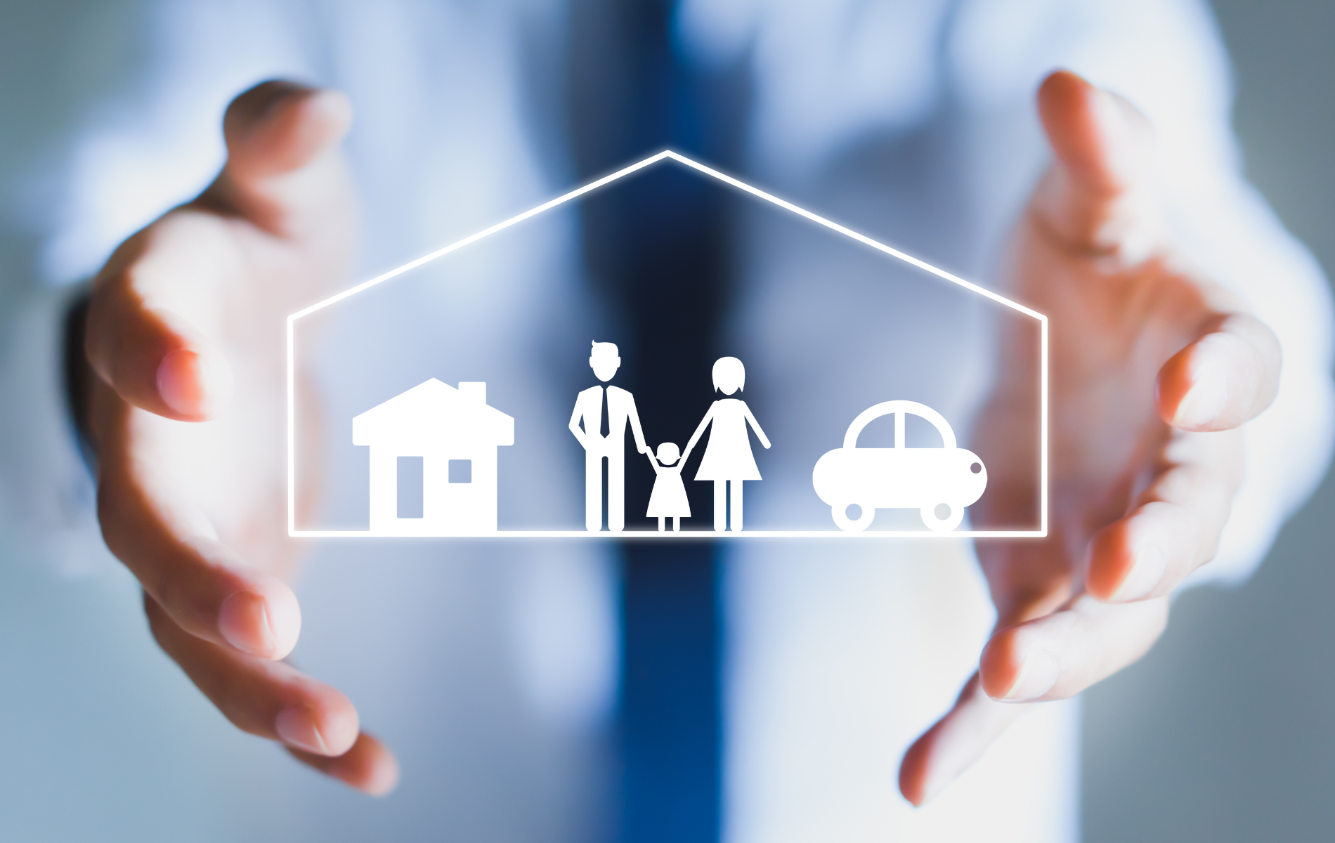 Hands holding a glowing house icon with a family and car, symbolizing home insurance or protection.