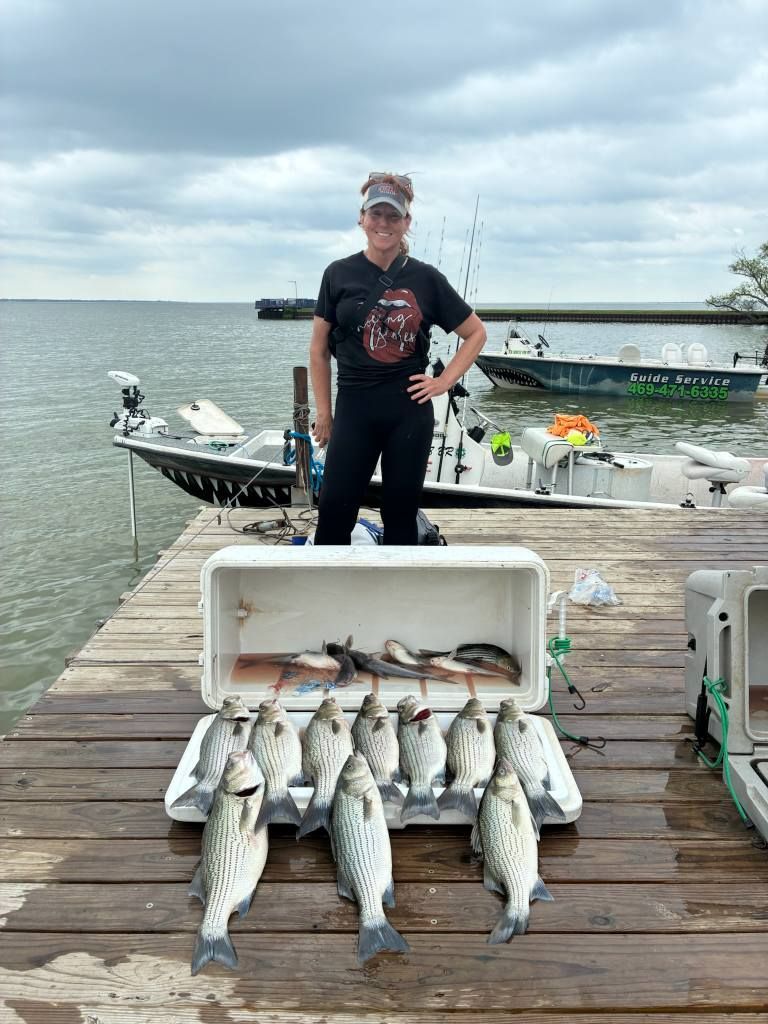 A person stands on a wooden pier with a large cooler filled with caught fish and more fish arranged on the deck.