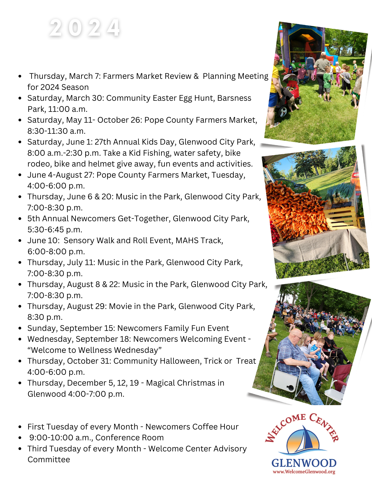 A 2024 calendar of community events for Glenwood City Park, including farmers markets, music, and holiday activities.