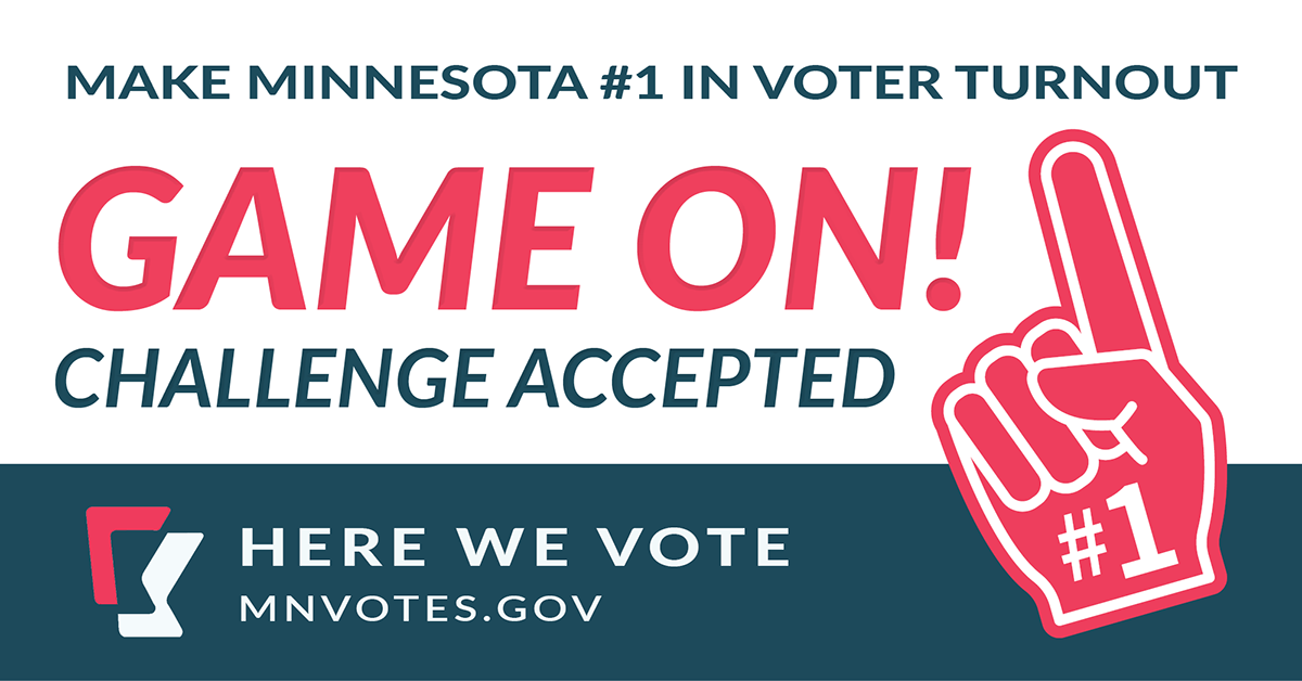 A campaign graphic encouraging Minnesota voter turnout featuring a #1 foam finger and the website MNVOTES.GOV.