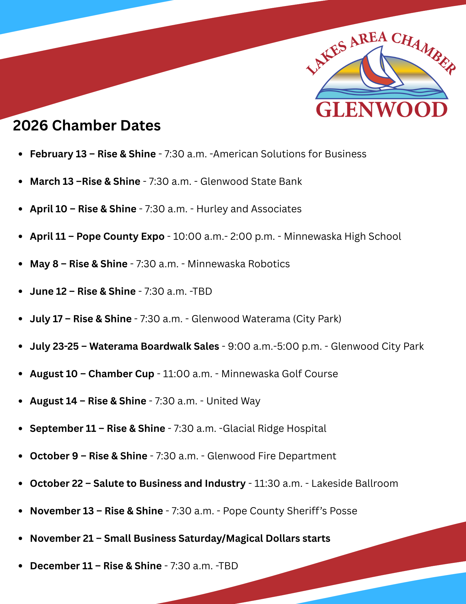 A 2025 schedule of events for the Lakes Area Chamber of Commerce in Glenwood, listing dates, times, and event locations.