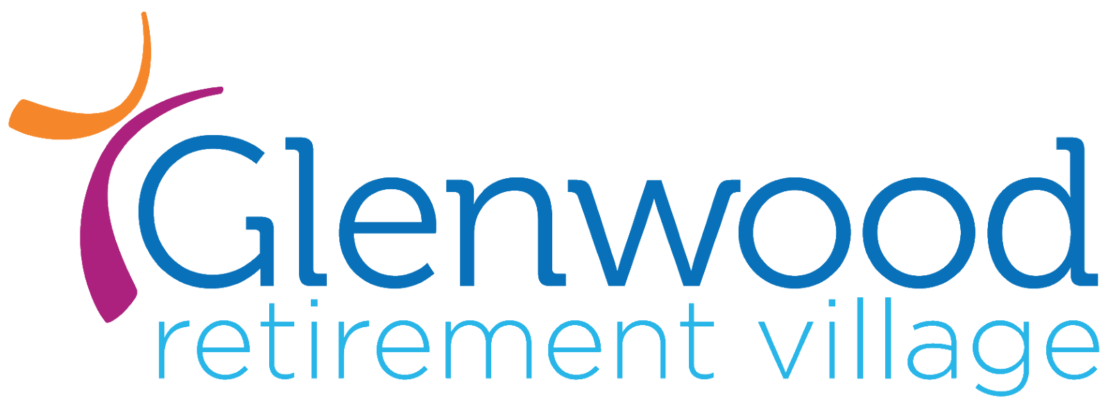 Logo for Glenwood Retirement Village featuring a stylized purple and orange abstract arc above the blue text.