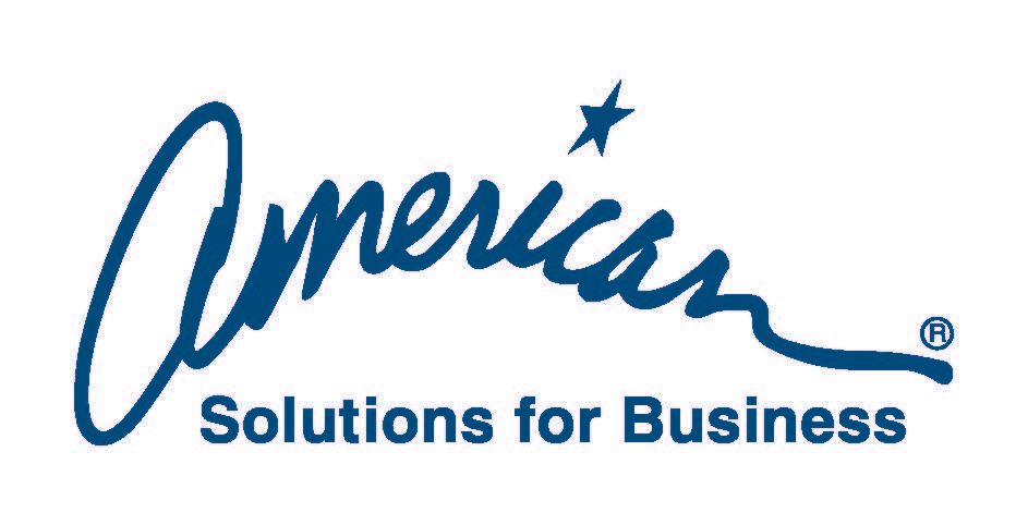 The blue logo for American Solutions for Business, featuring a stylized handwritten script above a sans-serif text line.