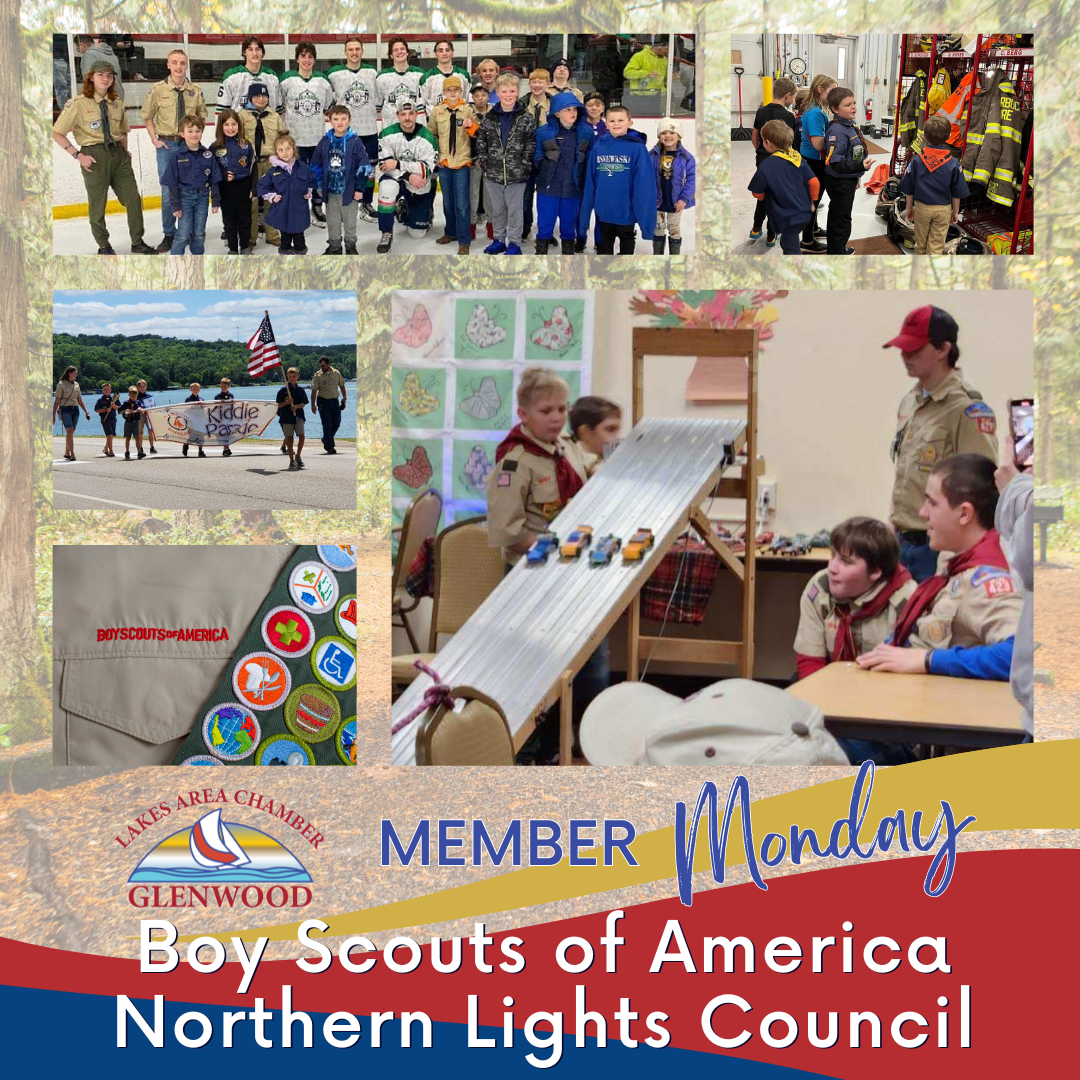A collage of photos featuring Boy Scouts engaged in activities like pinewood derby racing, parades, and field trips.