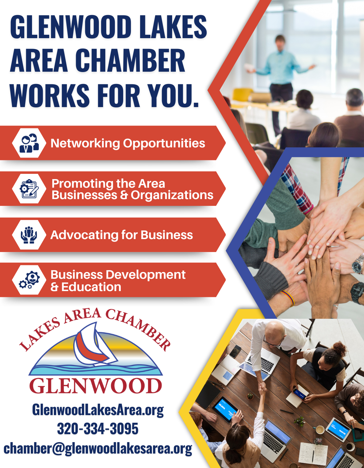 Flyer for Glenwood Lakes Area Chamber listing services, contact info, and images of professionals collaborating.