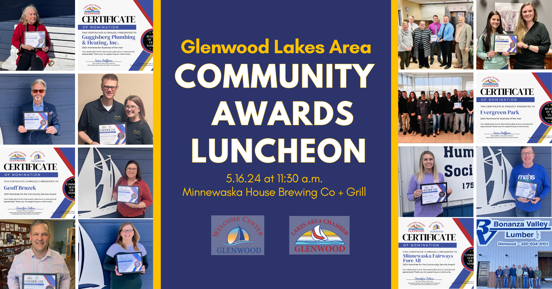 Collage of award recipients around a poster for the Glenwood Lakes Area Community Awards Luncheon at Minnewaska House.