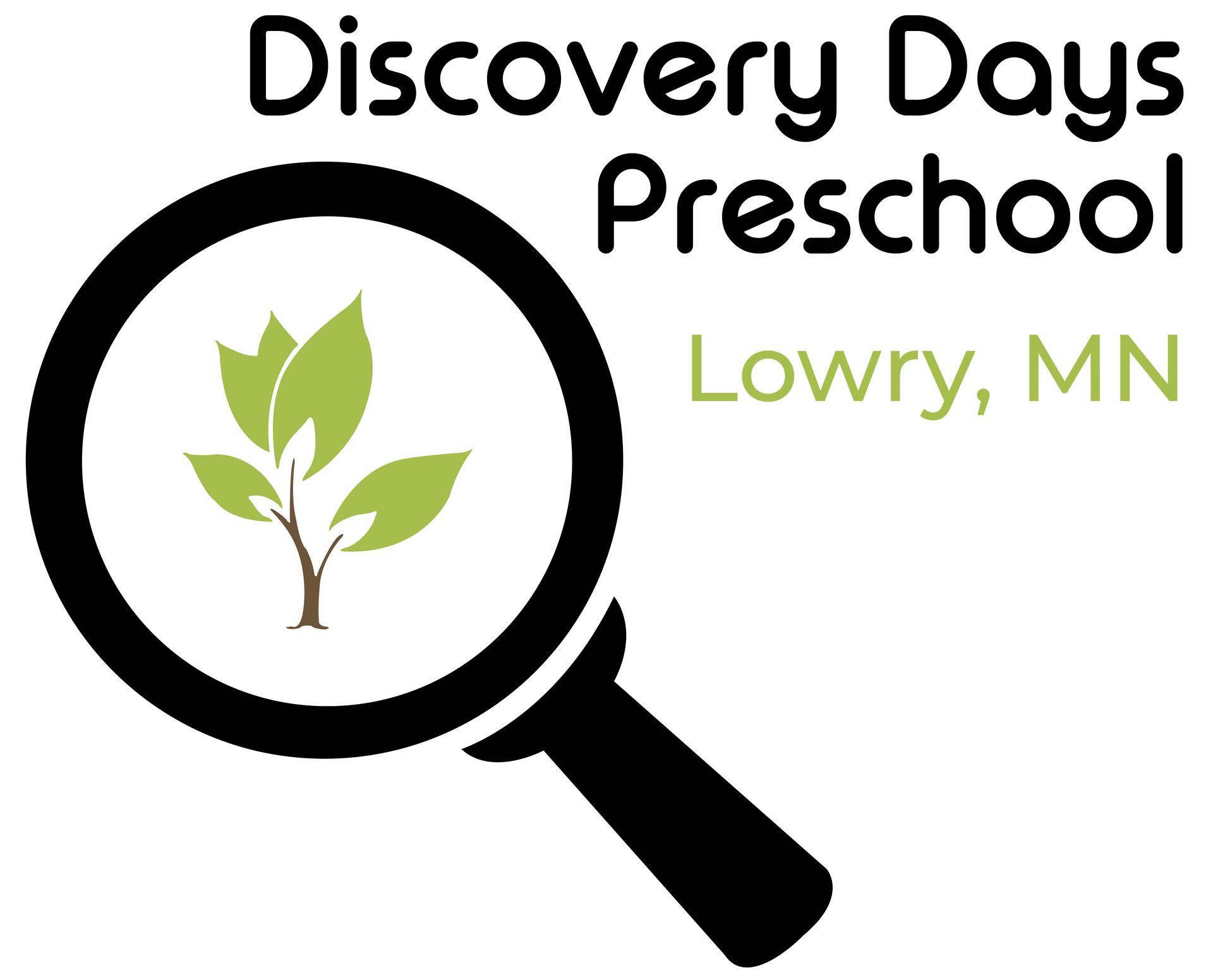 Logo for Discovery Days Preschool in Lowry, MN, featuring a black magnifying glass over a green plant icon.