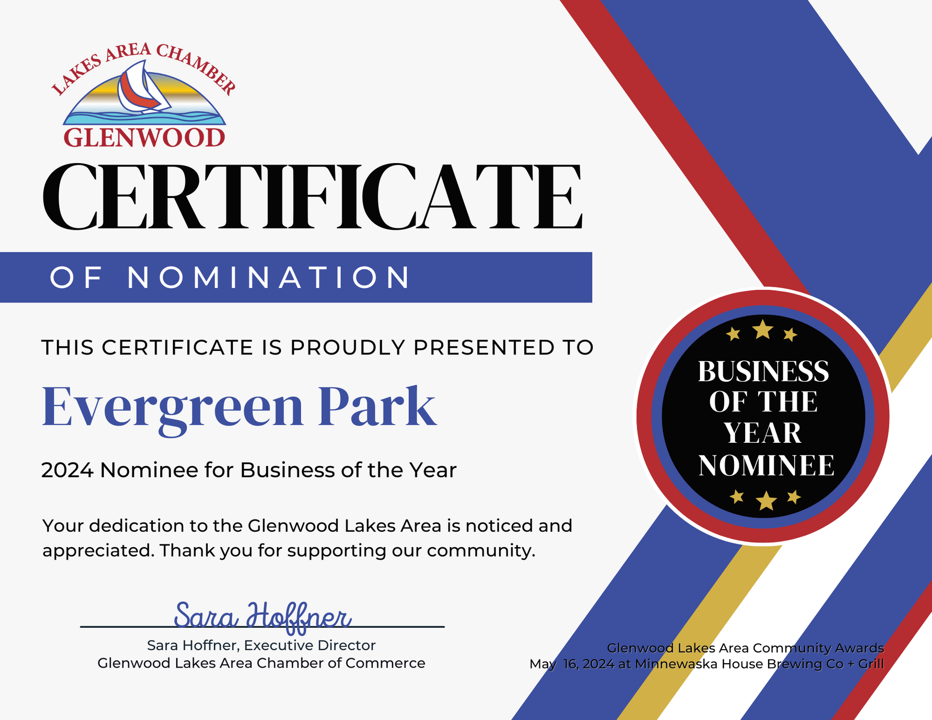 Certificate of Nomination for 2024 Business of the Year awarded to Evergreen Park by the Glenwood Lakes Area Chamber.