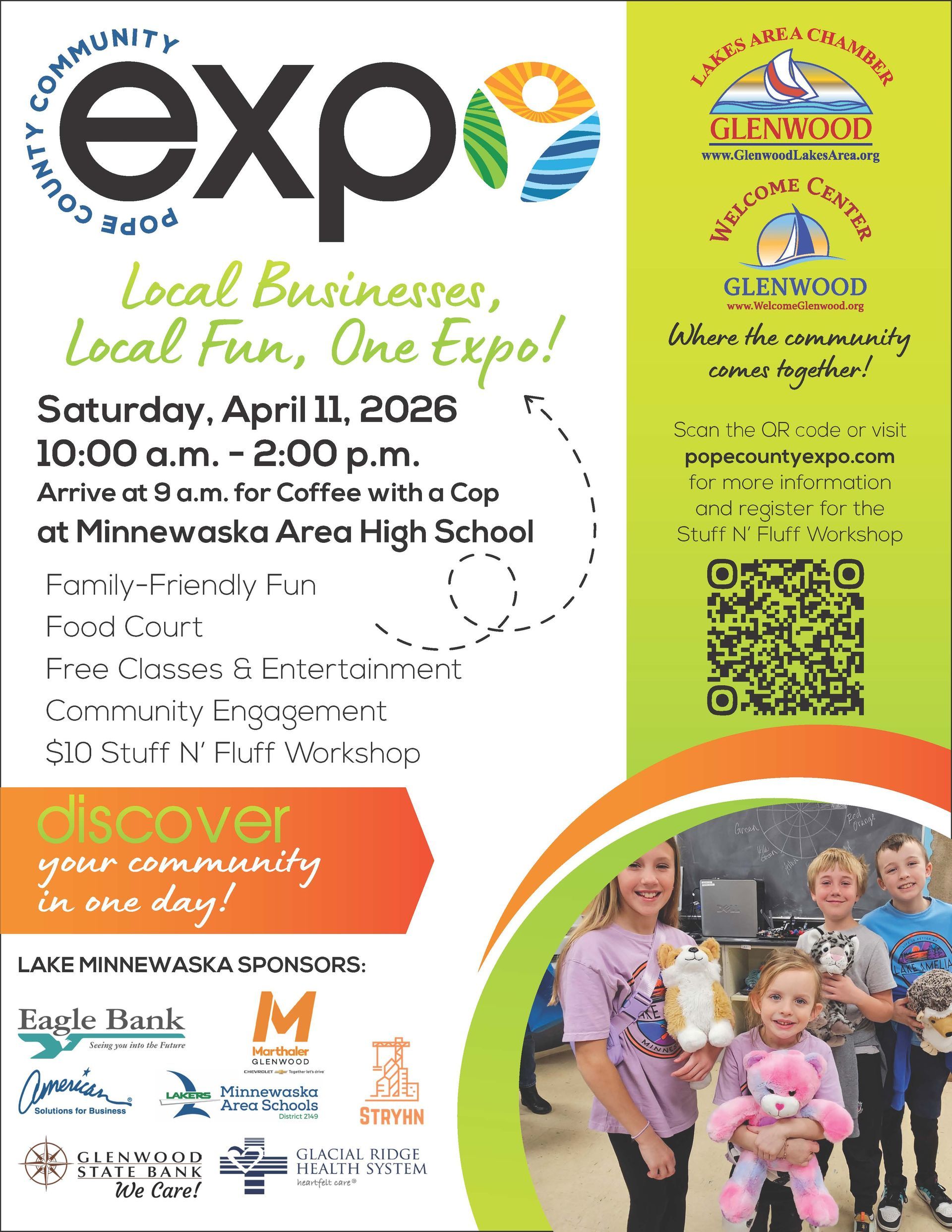 Flyer for Pope County Community Expo at Minnewaska Area High School, Saturday April 11, 2026, 10:00 a.m. - 2:00 p.m.