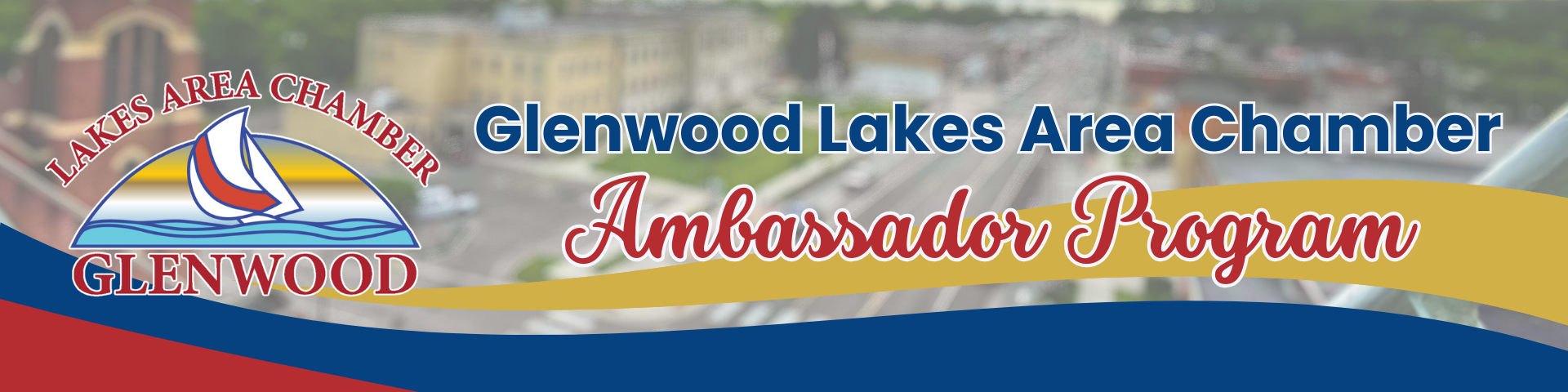 The Glenwood Lakes Area Chamber Ambassador Program logo featuring a sailboat icon over a red, gold, and blue background.