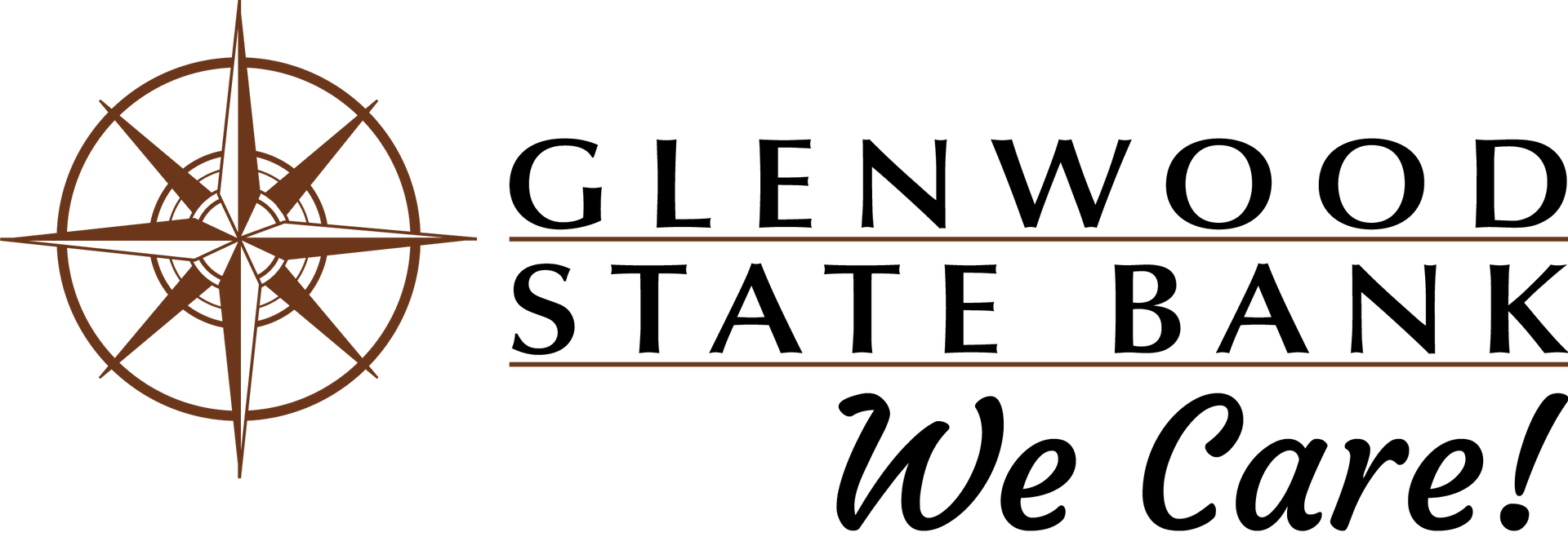 Logo for Glenwood State Bank with a brown compass icon next to the text 
