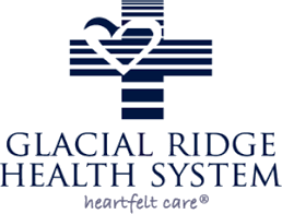 The Glacial Ridge Health System logo, featuring a dark blue striped cross with an overlaid heart outline and text.