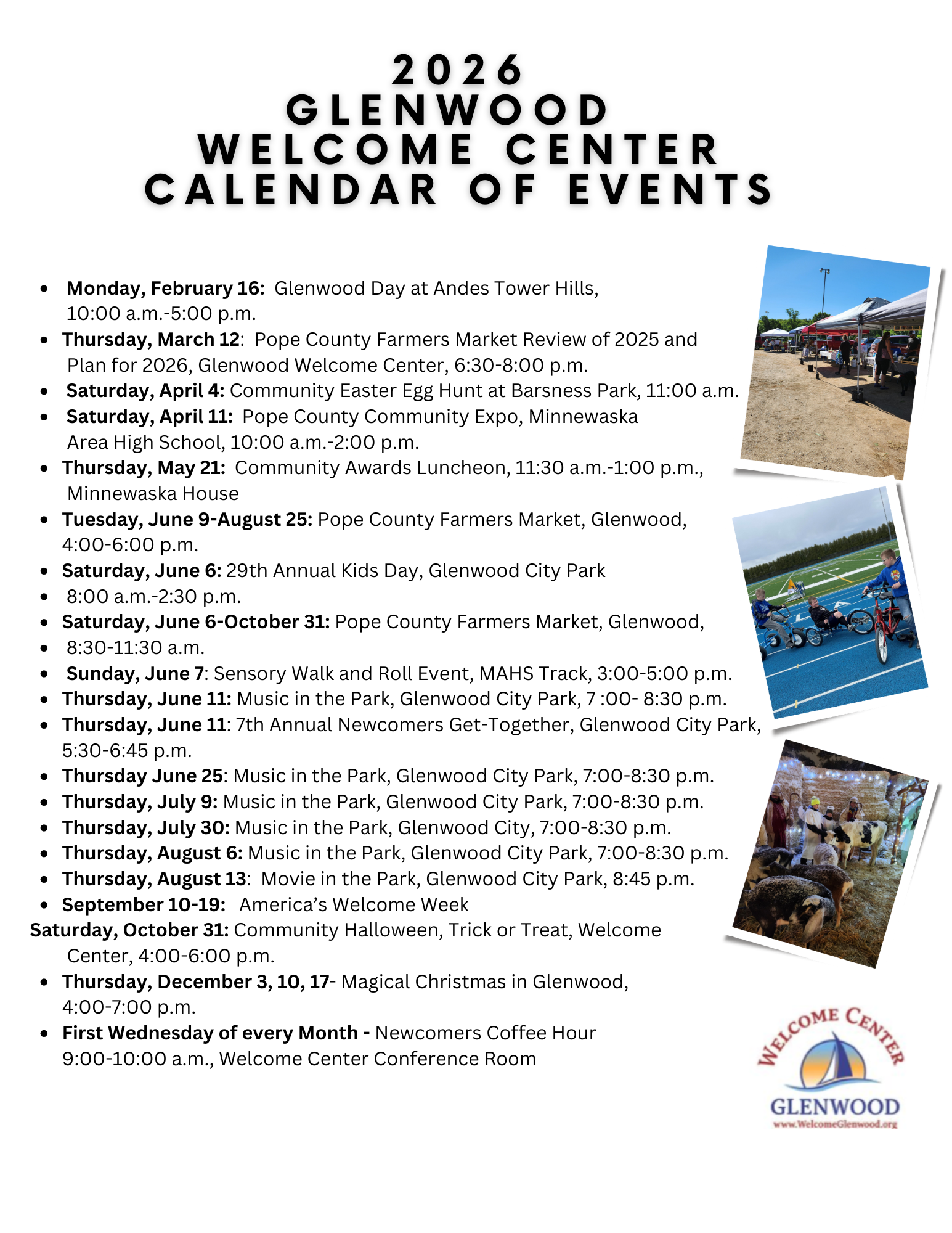 2026 Glenwood Welcome Center calendar of events, featuring a list of community activities and photos of outdoor events.