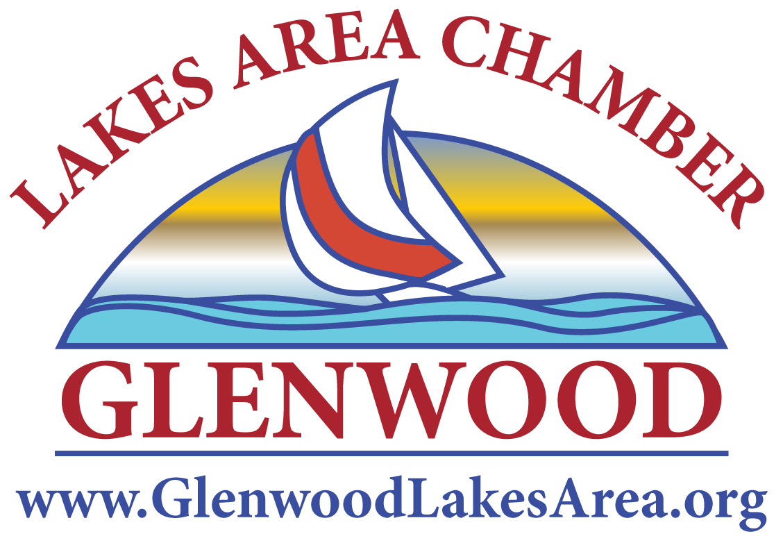 Logo for the Glenwood Lakes Area Chamber, featuring a sailboat icon over a blue wave and the website address below.