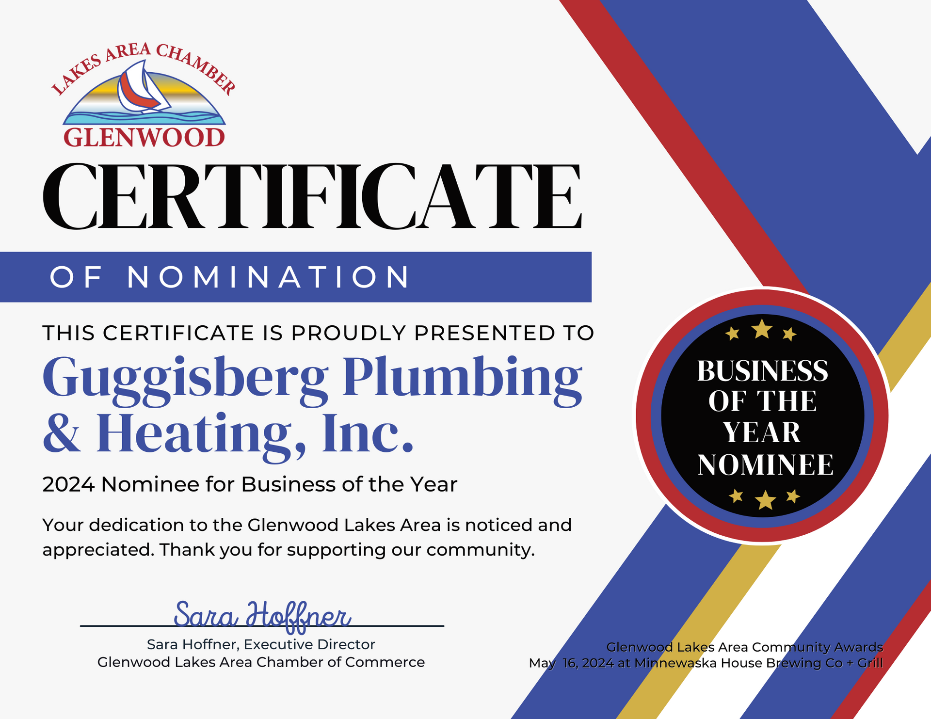 Certificate of Nomination for Guggisberg Plumbing & Heating, Inc. as 2024 Business of the Year by Glenwood Chamber.