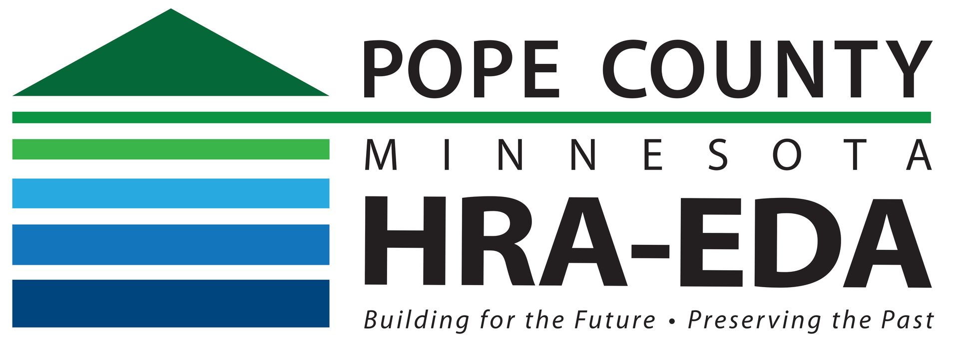 Logo for Pope County, Minnesota HRA-EDA with a graphic of a house silhouette in green and blue.
