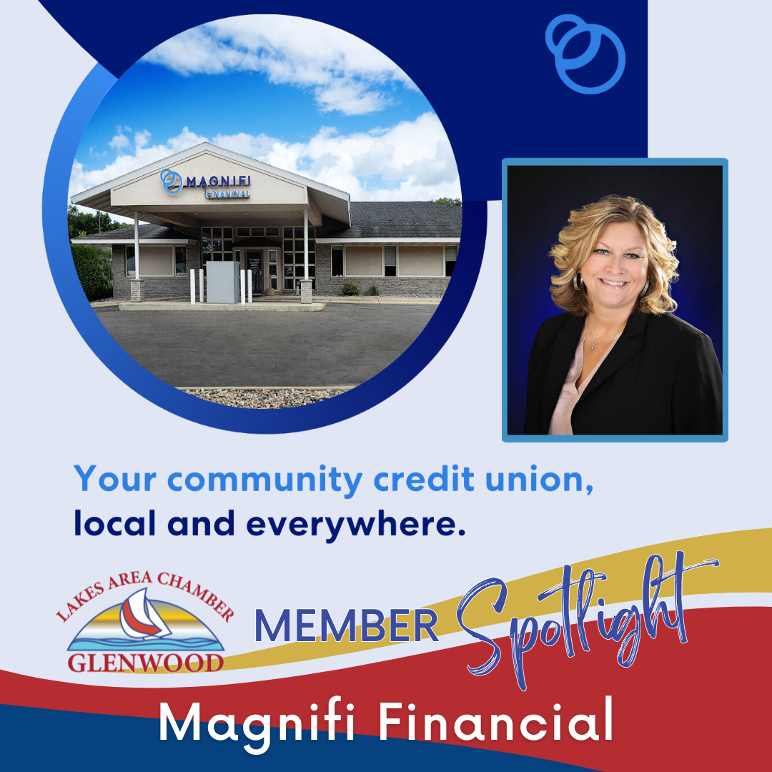 Member Spotlight graphic for Magnifi Financial, featuring their building, a smiling woman, and the local chamber logo.
