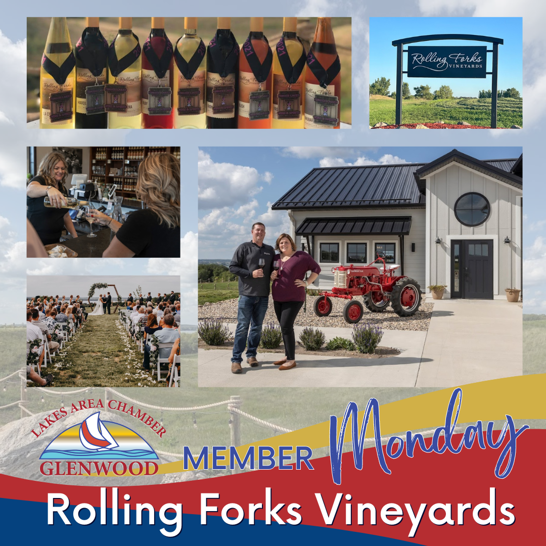 A promotional collage for Rolling Forks Vineyards, featuring wine bottles, a vineyard sign, guests, and the winery building.