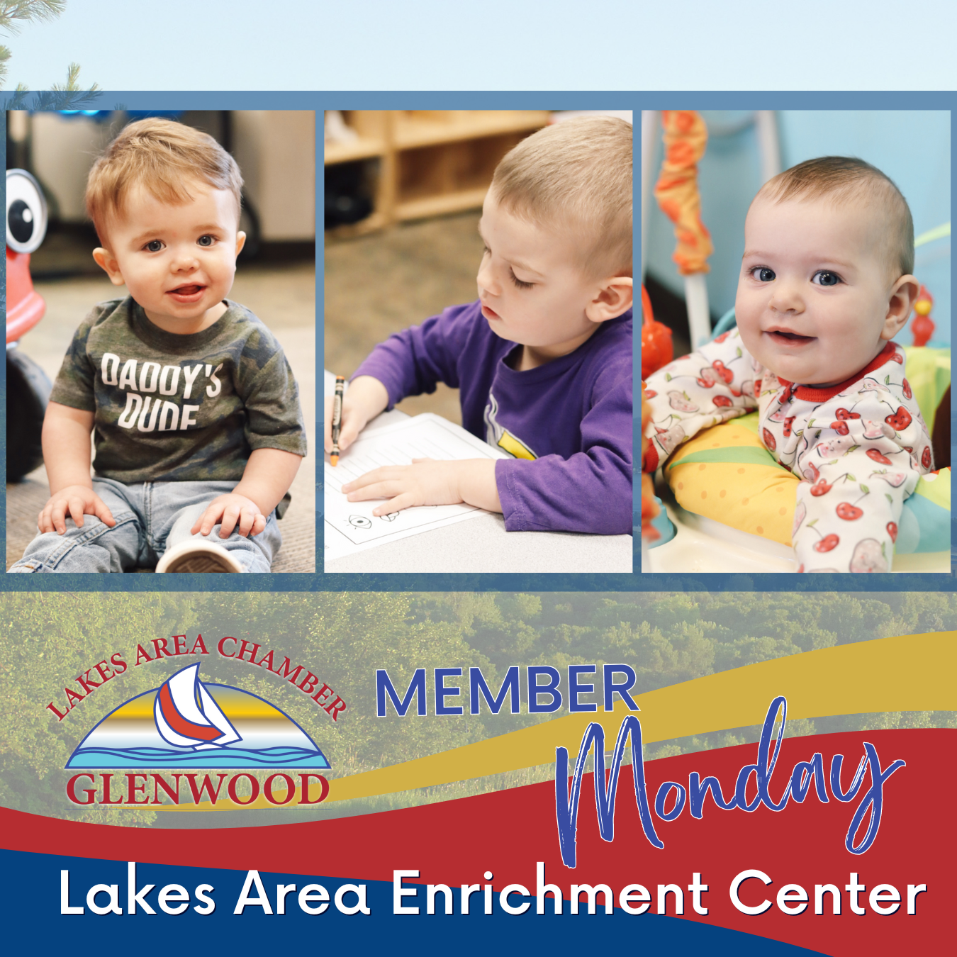 A promotional graphic for Lakes Area Enrichment Center featuring three children in different activities.