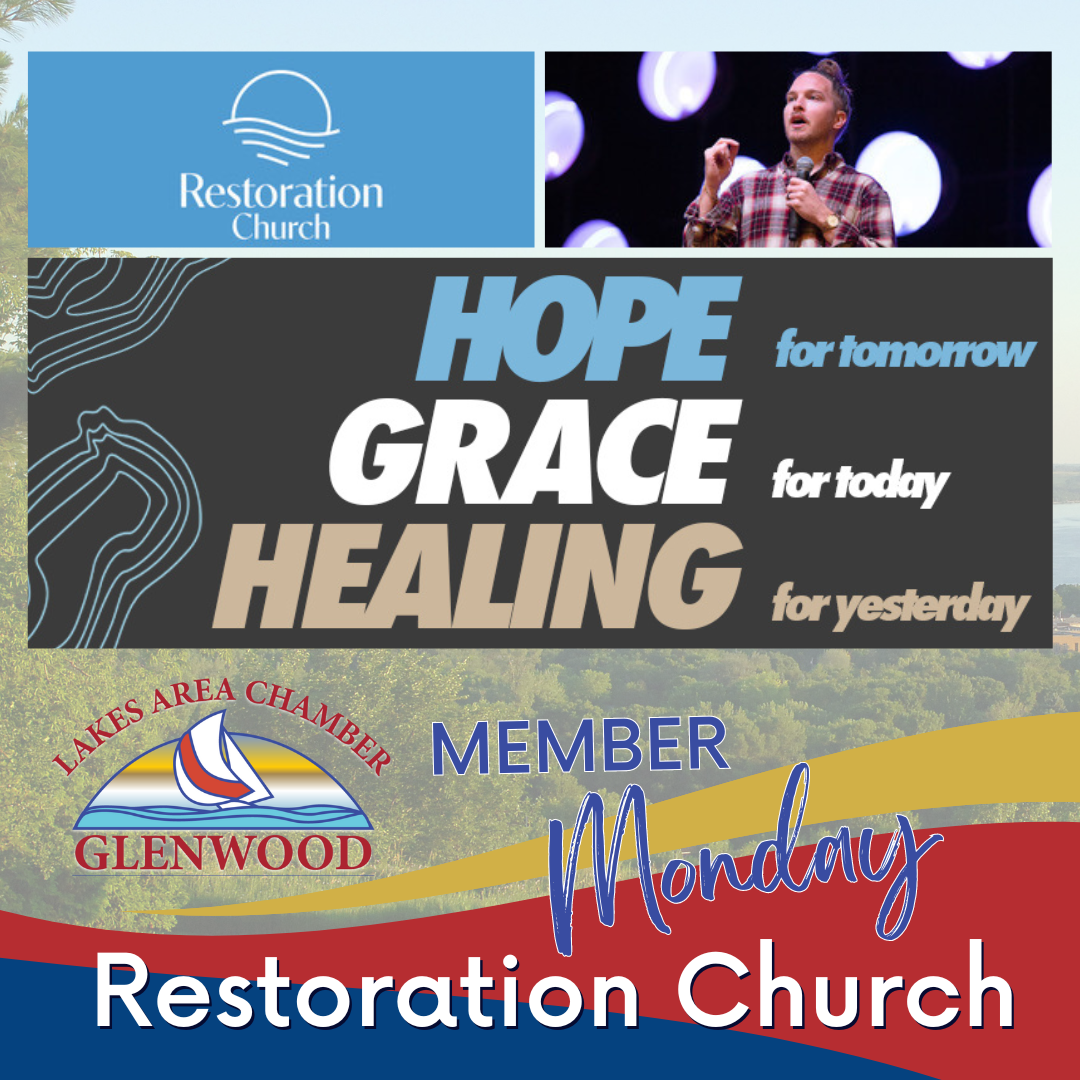A Restoration Church graphic for Member Mondays, featuring a speaker and the text: Hope for tomorrow, Grace for today.