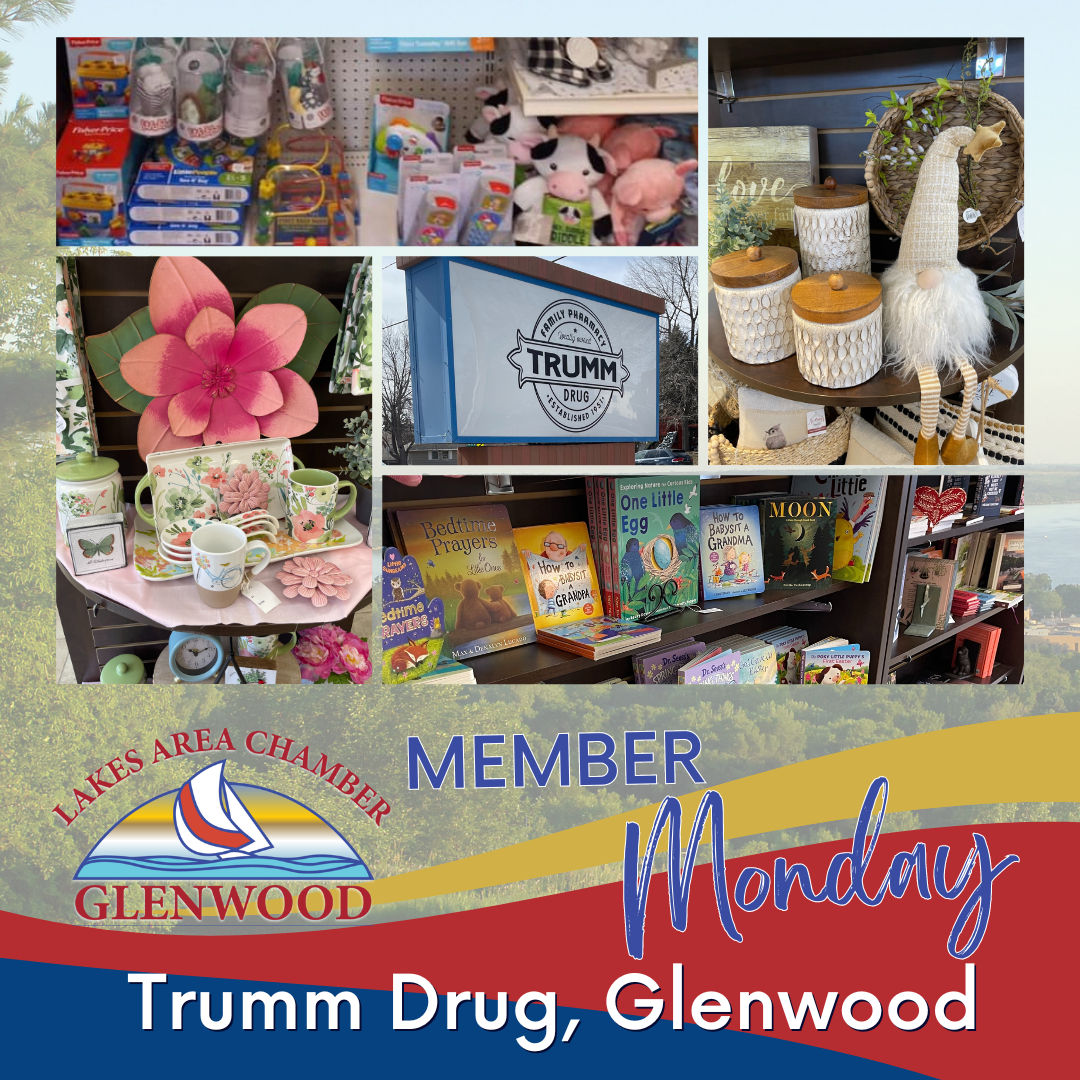 Collage of Trumm Drug store products in Glenwood, including gifts, books, and store signage under a Member Monday banner.