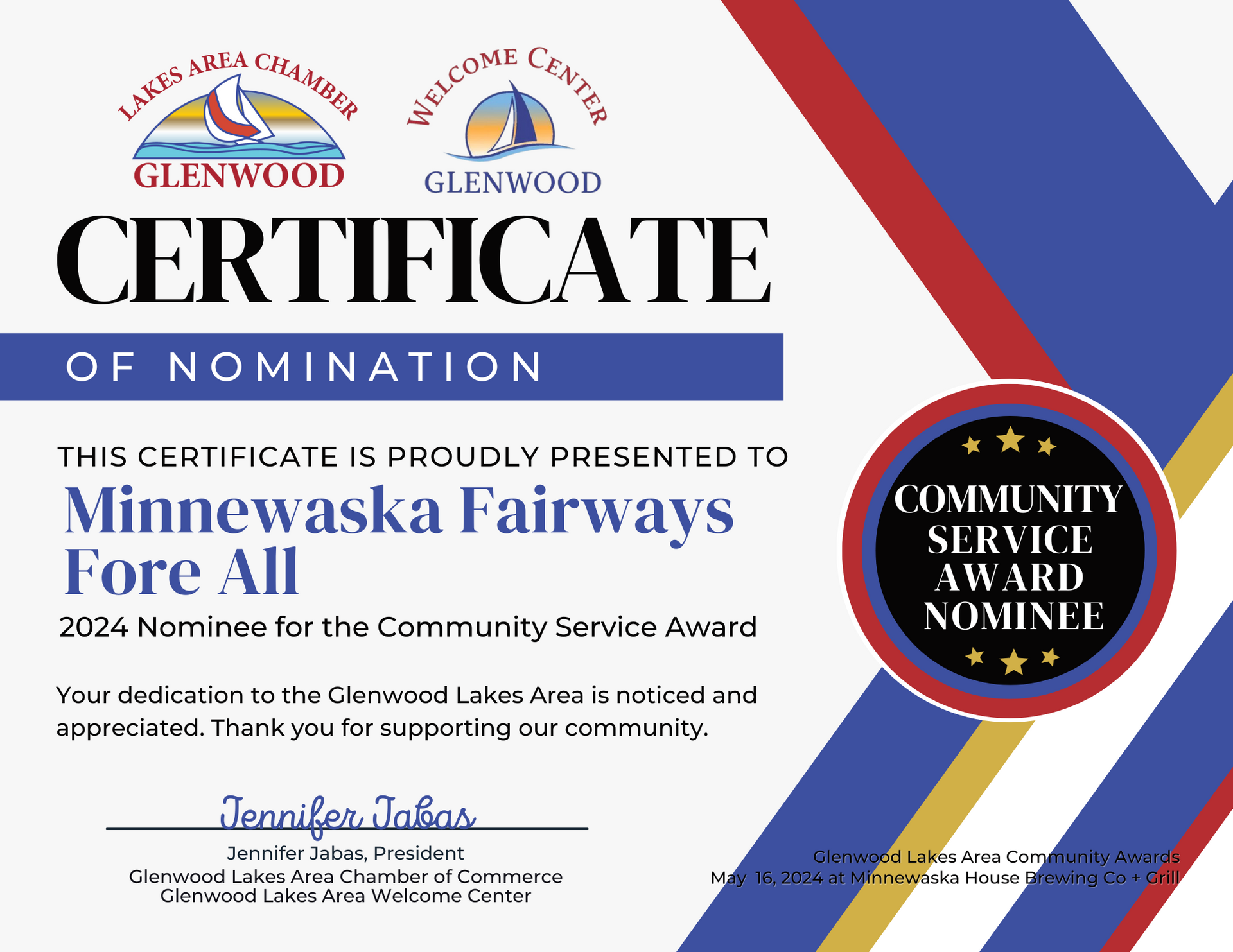 A 2024 Certificate of Nomination for the Community Service Award presented to Minnewaska Fairways Fore All.