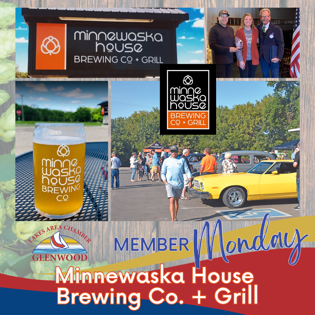 A collage showcasing Minnewaska House Brewing Co. + Grill, including a sign, a beer, an outdoor event, and a ribbon cutting.