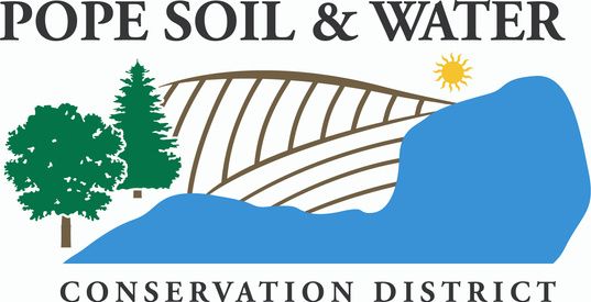 Logo for Pope Soil & Water Conservation District showing trees, a field with rows, a sun, and a blue water feature.