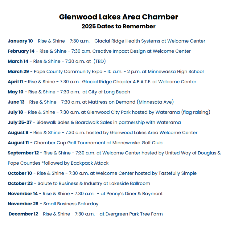 The 2025 event calendar for the Glenwood Lakes Area Chamber, listing monthly meetings and community events.
