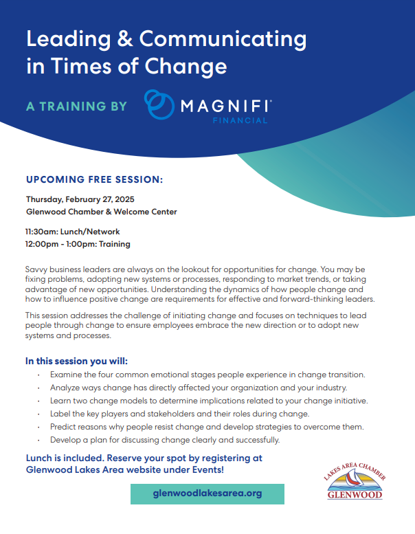 Flyer for a free training session by Magnifi Financial on Leading & Communicating in Times of Change, held Feb 23, 2023.