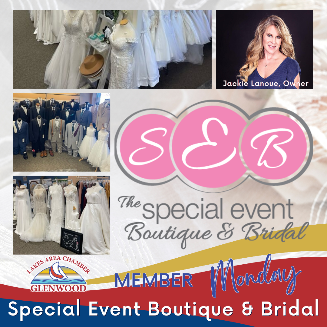 The Special Event Boutique & Bridal shop collage featuring wedding attire, the owner, and Glenwood Chamber member logo.
